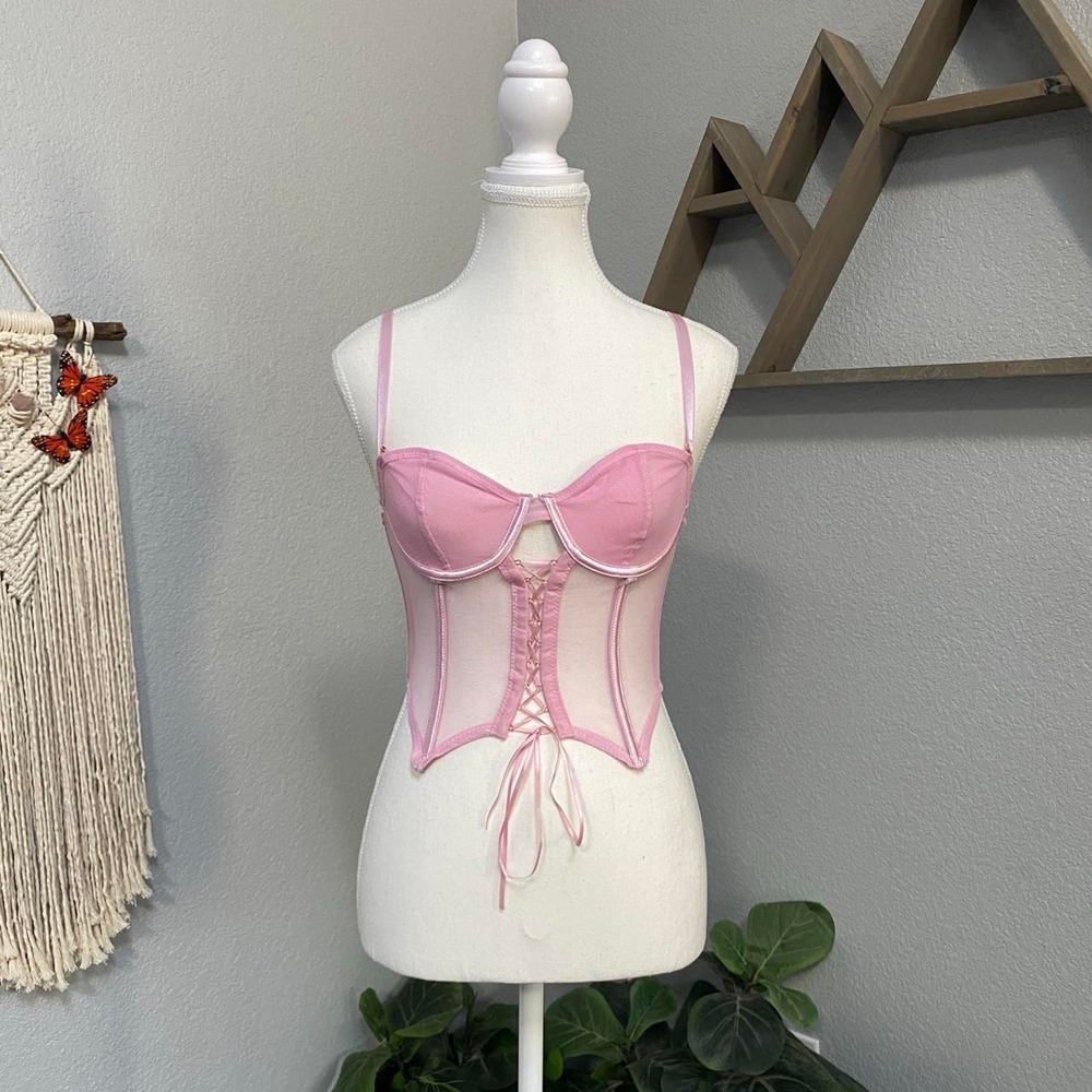 BODY RAGE PINK MESH CORSET TOP LACE UP ADJUSTABLE STRAPS FEMME FATALE FAIRY RAVE